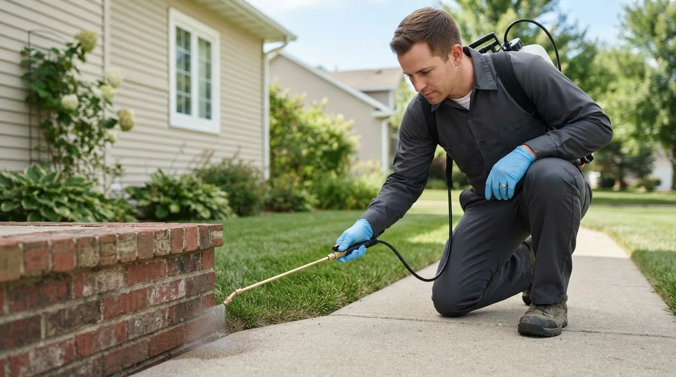 Pest control technician treating a home near Rover, AR